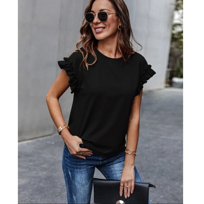Shein Solid Black Ruffle Cuff Tee